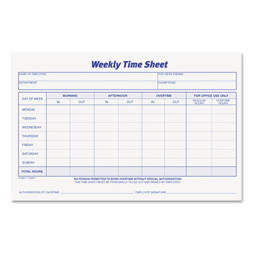 Weekly Time Sheets, One-Part (No Copies), 8.5 x 5.5, 50 Forms/Pad, 2 Pads/Pack-(TOP30071)