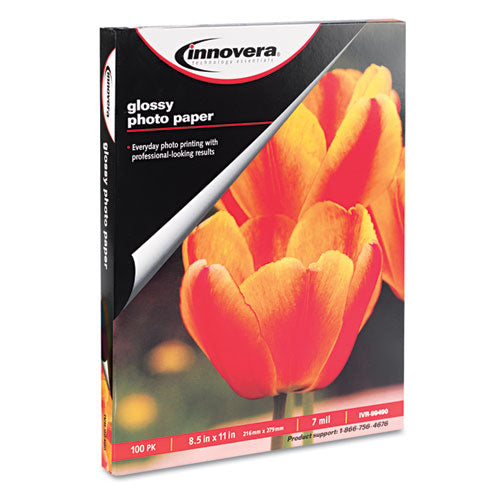 Glossy Photo Paper, 7 mil, 8.5 x 11, Glossy White, 100/Pack-(IVR99490)