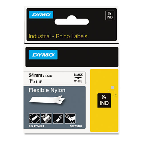 Rhino Flexible Nylon Industrial Label Tape, 1" x 11.5 ft, White/Black Print-(DYM1734524)