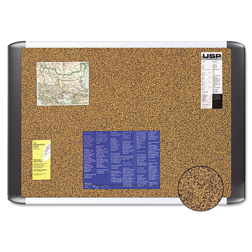 Tech Cork Board, 72 x 48, Tan Surface, Silver/Black Aluminum Frame-(BVCMVI270501)