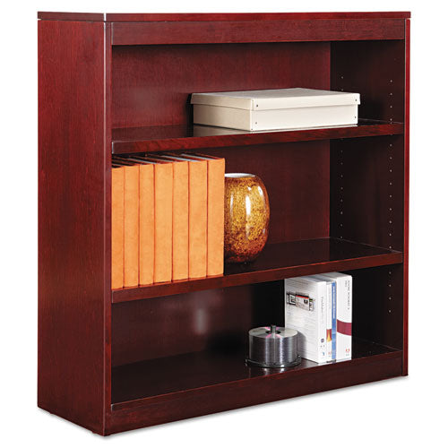 Square Corner Wood Veneer Bookcase, Three-Shelf, 35.63w x 11.81d x 35.91h, Mahogany-(ALEBCS33636MY)