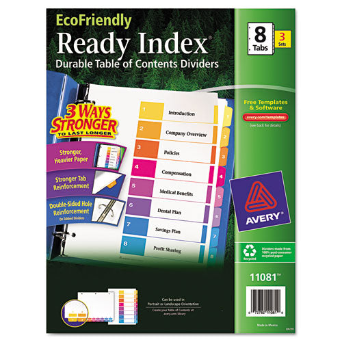 Customizable Table of Contents Ready Index Dividers with Multicolor Tabs, 8-Tab, 1 to 8, 11 x 8.5, White, 3 Sets-(AVE11081)