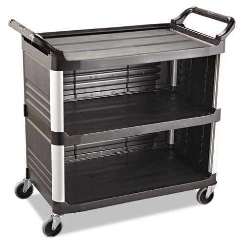 Xtra Utility Cart with Enclosed Sides and Back, Plastic, 3 Shelves, 300 lb Capacity, 20" x 40.63" x 37.8", Black-(RCP4093BLA)