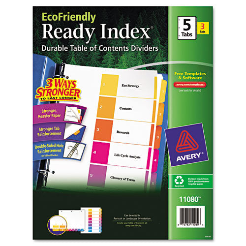 Customizable Table of Contents Ready Index Dividers with Multicolor Tabs, 5-Tab, 1 to 5, 11 x 8.5, White, 3 Sets-(AVE11080)