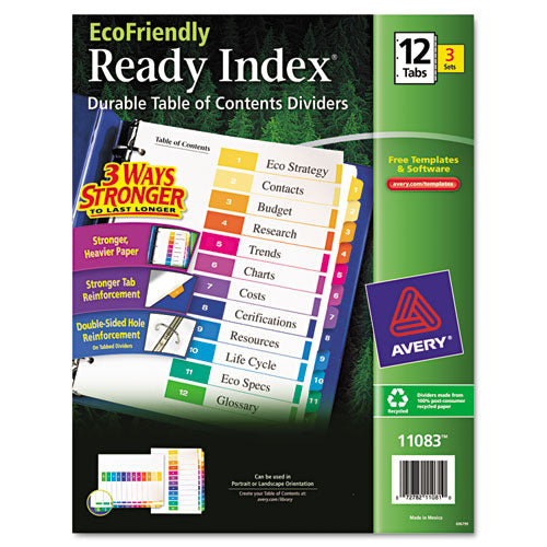 Customizable Table of Contents Ready Index Dividers with Multicolor Tabs, 12-Tab, 1 to 12, 11 x 8.5, White, 3 Sets-(AVE11083)