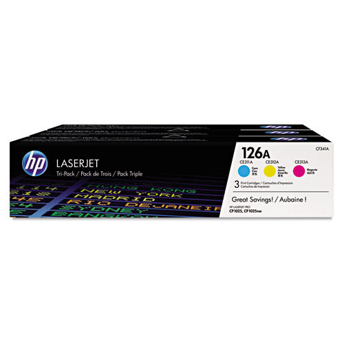 HP 126A, (CF341A) 3-Pack Cyan/Magenta/Yellow Original LaserJet Toner Cartridges-(HEWCF341A)