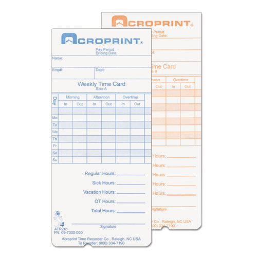 Time Clock Cards for Acroprint ATR240/ATR360, Two Sides, 3.5 x 7.25, 250/Pack-(ACP097000000)