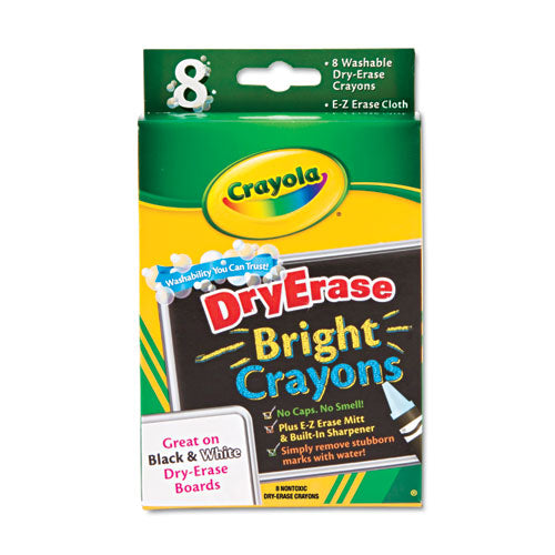 Washable Dry Erase Crayons w/E-Z Erase Cloth, Assorted Bright Colors, 8/Pack-(CYO985202)