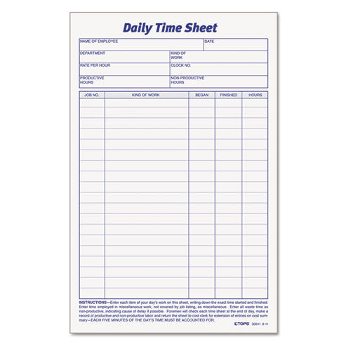 Daily Time and Job Sheets, One-Part (No Copies), 8.5 x 5.5, 200 Forms/Pad, 2 Pads/Pack-(TOP30041)