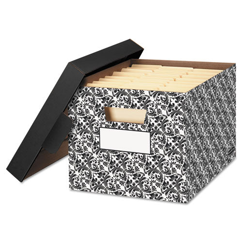 STOR/FILE Decorative Medium-Duty Storage Box, Letter/Legal Files, 12.5" x 16.25" x 10.5", Black/White Brocade Design, 4/CT-(FEL0022705)