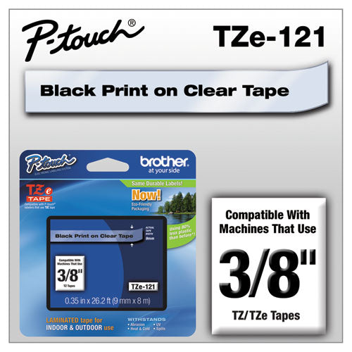 TZe Standard Adhesive Laminated Labeling Tape, 0.35" x 26.2 ft, Black on Clear-(BRTTZE121)