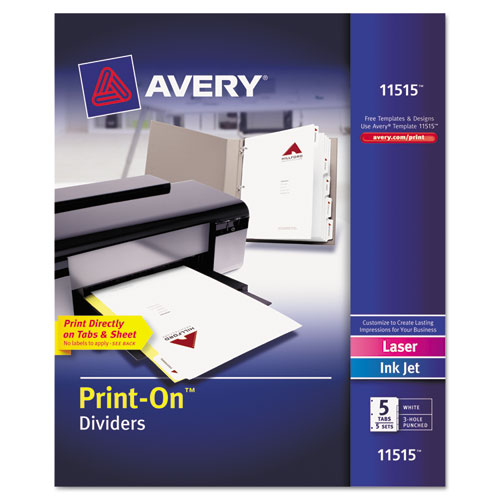 Customizable Print-On Dividers, 3-Hole Punched, 5-Tab, 11 x 8.5, White, 5 Sets-(AVE11515)