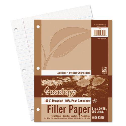 Ecology Filler Paper, 3-Hole, 8 x 10.5, Wide/Legal Rule, 150/Pack-(PAC3203)