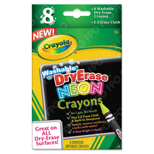 Washable Dry Erase Crayons w/E-Z Erase Cloth, Assorted Neon Colors, 8/Pack-(CYO988605)