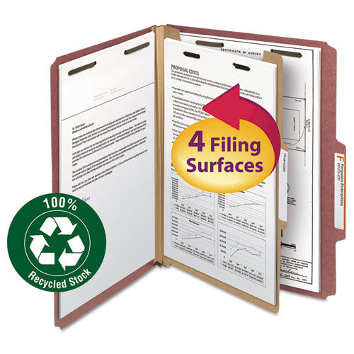 Recycled Pressboard Classification Folders, 2" Expansion, 1 Divider, 4 Fasteners, Letter Size, Red Exterior, 10/Box-(SMD13724)