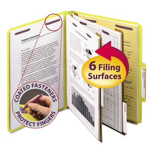 Six-Section Pressboard Top Tab Classification Folders, Six SafeSHIELD Fasteners, 2 Dividers, Letter Size, Yellow, 10/Box-(SMD14034)