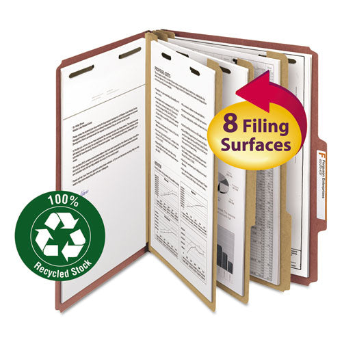 Recycled Pressboard Classification Folders, 3" Expansion, 3 Dividers, 8 Fasteners, Letter Size, Red Exterior, 10/Box-(SMD14099)