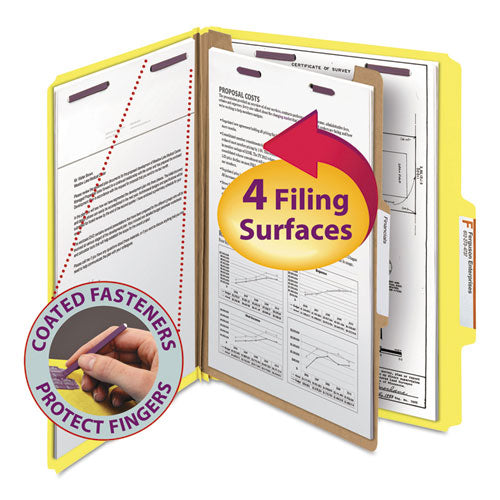 Four-Section Pressboard Top Tab Classification Folders, Four SafeSHIELD Fasteners, 1 Divider, Letter Size, Yellow, 10/Box-(SMD13734)