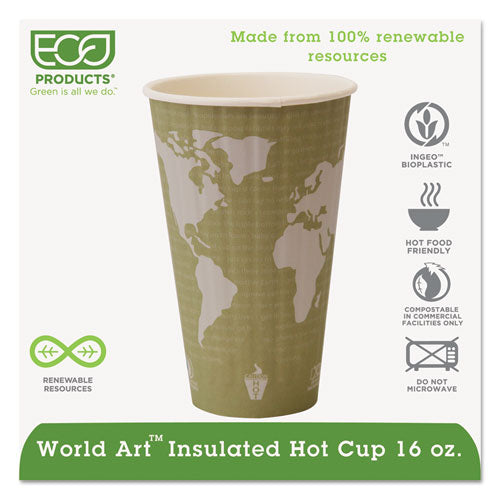 World Art Renewable and Compostable Insulated Hot Cups, PLA, 16 oz, 40/Packs, 15 Packs/Carton-(ECOEPBNHC16WD)