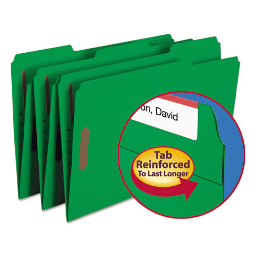 Top Tab Colored Fastener Folders, 0.75" Expansion, 2 Fasteners, Legal Size, Green Exterior, 50/Box-(SMD17140)