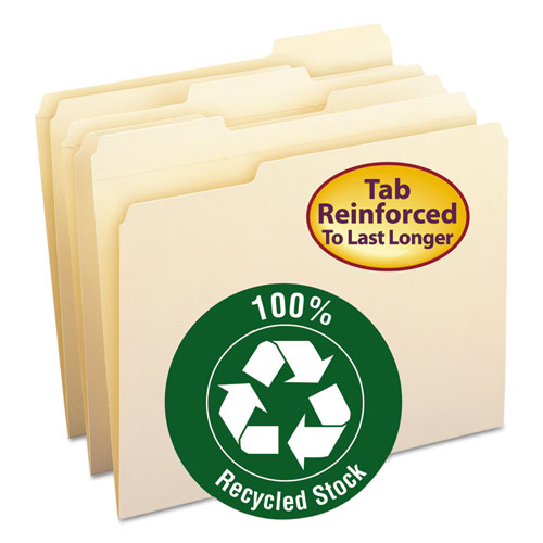 100% Recycled Reinforced Top Tab File Folders, 1/3-Cut Tabs: Assorted, Letter Size, 0.75" Expansion, Manila, 100/Box-(SMD10347)