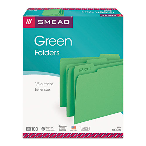 Colored File Folders, 1/3-Cut Tabs: Assorted, Letter Size, 0.75" Expansion, Green, 100/Box-(SMD12143)