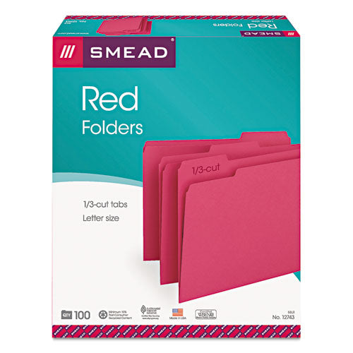 Colored File Folders, 1/3-Cut Tabs: Assorted, Letter Size, 0.75" Expansion, Red, 100/Box-(SMD12743)