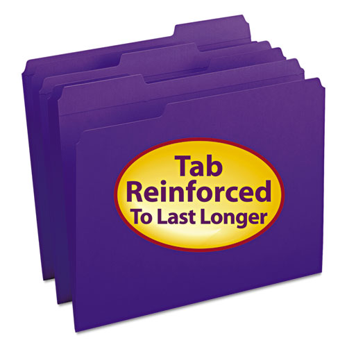 Reinforced Top Tab Colored File Folders, 1/3-Cut Tabs: Assorted, Letter Size, 0.75" Expansion, Purple, 100/Box-(SMD13034)