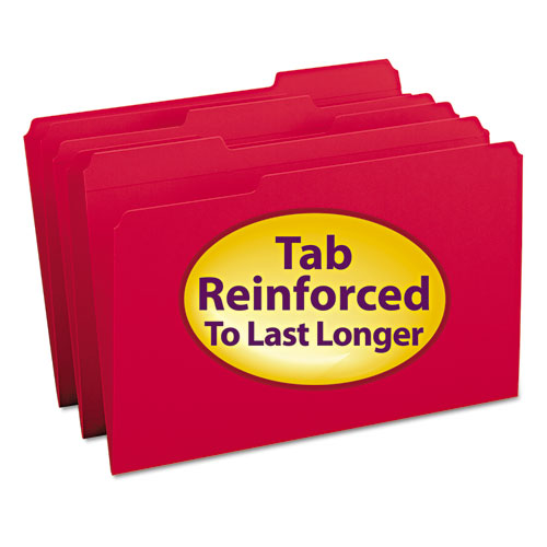 Reinforced Top Tab Colored File Folders, 1/3-Cut Tabs: Assorted, Legal Size, 0.75" Expansion, Red, 100/Box-(SMD17734)