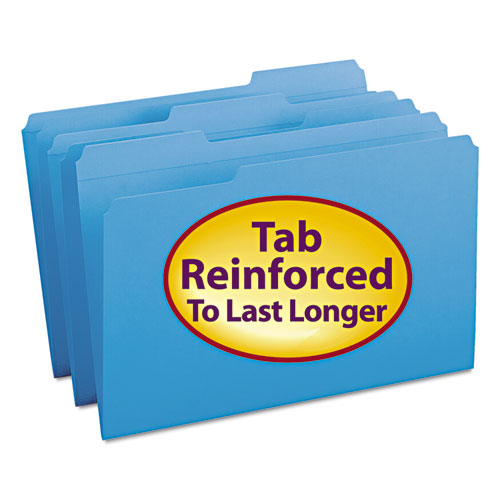 Reinforced Top Tab Colored File Folders, 1/3-Cut Tabs: Assorted, Legal Size, 0.75" Expansion, Blue, 100/Box-(SMD17034)