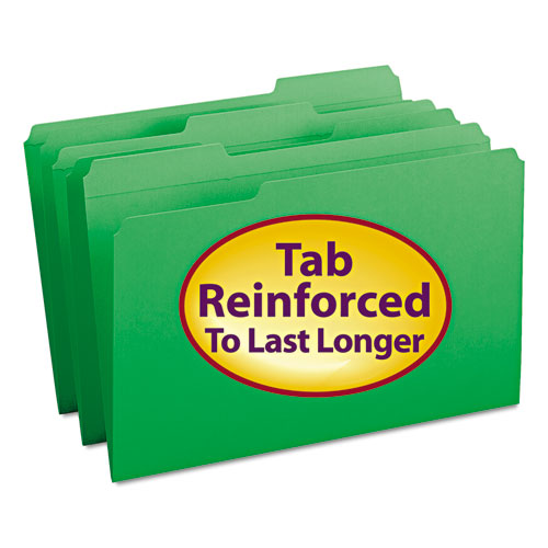 Reinforced Top Tab Colored File Folders, 1/3-Cut Tabs: Assorted, Legal Size, 0.75" Expansion, Green, 100/Box-(SMD17134)