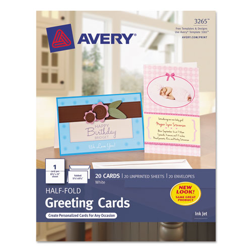 Half-Fold Greeting Cards with Matching Envelopes, Inkjet, 85 lb, 5.5 x 8.5, Matte White, 1 Card/Sheet, 20 Sheets/Box-(AVE3265)