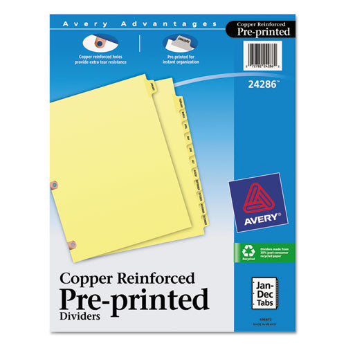 Preprinted Laminated Tab Dividers with Copper Reinforced Holes, 12-Tab, Jan. to Dec., 11 x 8.5, Buff, 1 Set-(AVE24286)