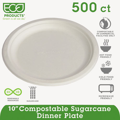 Renewable Sugarcane Plates, 10" dia, Natural White, 500/Carton-(ECOEPP005)