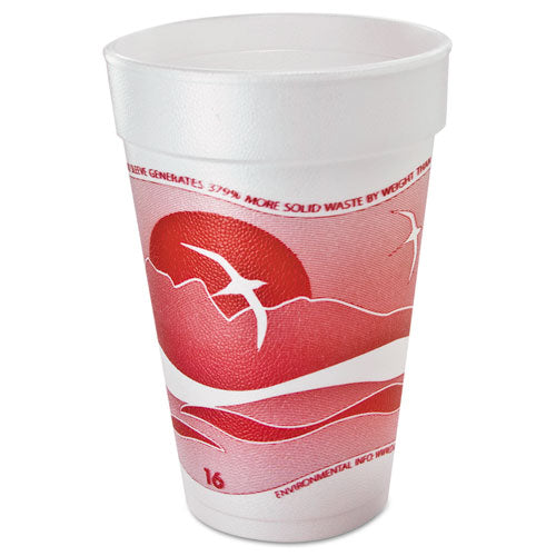 Horizon Hot/Cold Foam Drinking Cups, 16 oz, Printed, Cranberry/White, 25/Bag, 40 Bags/Carton-(DCC16J16H)