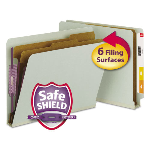 End Tab Pressboard Classification Folders, Six SafeSHIELD Fasteners, 2" Expansion, 2 Dividers, Letter Size, Gray-Green, 10/BX-(SMD26810)