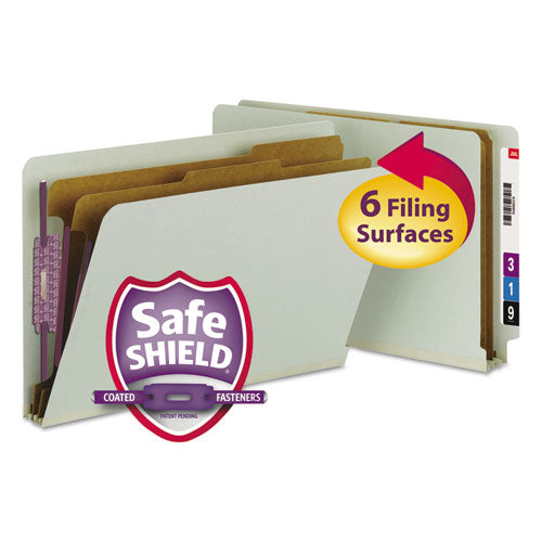 End Tab Pressboard Classification Folders, Six SafeSHIELD Fasteners, 2" Expansion, 2 Dividers, Legal Size, Gray-Green, 10/Box-(SMD29810)