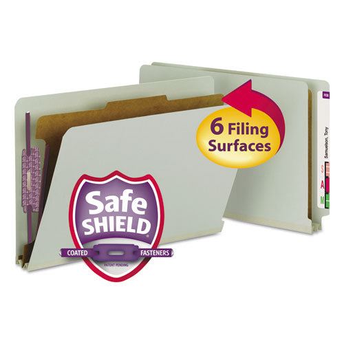 End Tab Pressboard Classification Folders, Four SafeSHIELD Fasteners, 2" Expansion, 1 Divider, Legal Size, Gray-Green, 10/Box-(SMD29800)