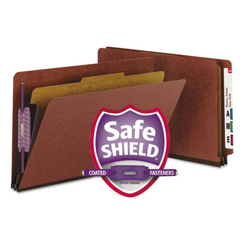 End Tab Pressboard Classification Folders, Four SafeSHIELD Fasteners, 2" Expansion, 1 Divider, Legal Size, Red, 10/Box-(SMD29855)