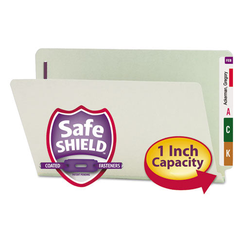 End Tab Pressboard Classification Folders, Two SafeSHIELD Coated Fasteners, 1" Expansion, Legal Size, Gray-Green, 25/Box-(SMD37705)