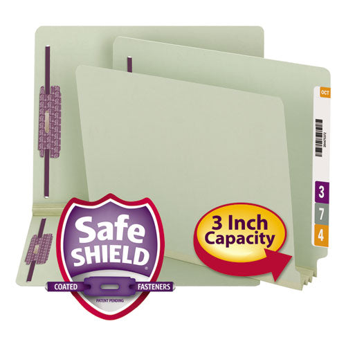 End Tab Pressboard Classification Folders, Two SafeSHIELD Coated Fasteners, 3" Expansion, Letter Size, Gray-Green, 25/Box-(SMD34725)