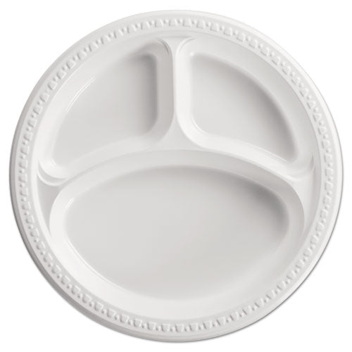 Heavyweight Plastic 3-Compartment Plates, 10.25" dia, White, 125/Pack, 4 Packs/Carton-(HUH81230)