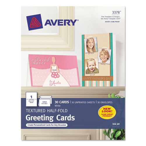 Half-Fold Greeting Cards with Envelopes, Inkjet, 65 lb, 5.5 x 8.5, Textured Uncoated White, 1 Card/Sheet, 30 Sheets/Box-(AVE3378)