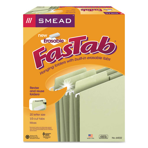 Erasable FasTab Hanging Folders, Letter Size, 1/3-Cut Tabs, Moss, 20/Box-(SMD64032)