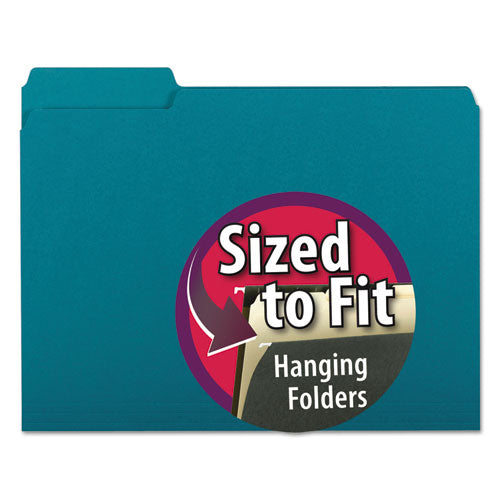 Interior File Folders, 1/3-Cut Tabs: Assorted, Letter Size, 0.75" Expansion, Teal, 100/Box-(SMD10291)