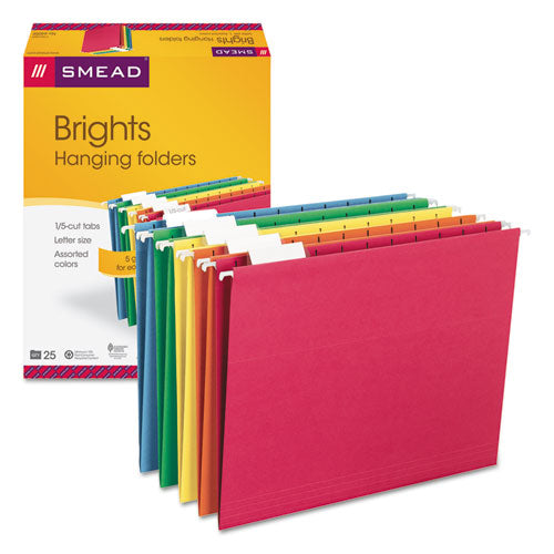 Colored Hanging File Folders with 1/5 Cut Tabs, Letter Size, 1/5-Cut Tabs, Assorted Bright Colors, 25/Box-(SMD64059)