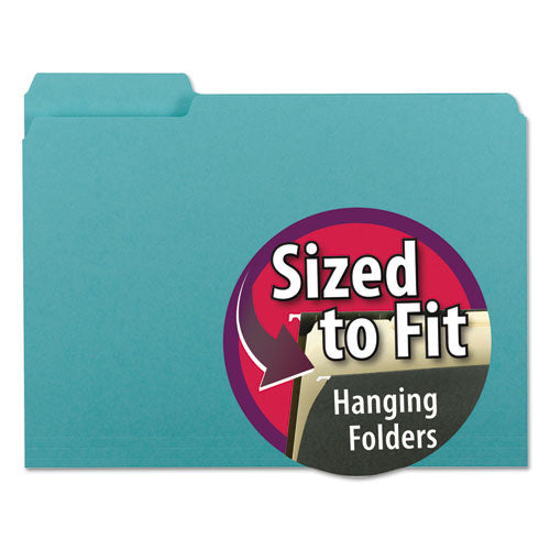 Interior File Folders, 1/3-Cut Tabs: Assorted, Letter Size, 0.75" Expansion, Aqua, 100/Box-(SMD10235)