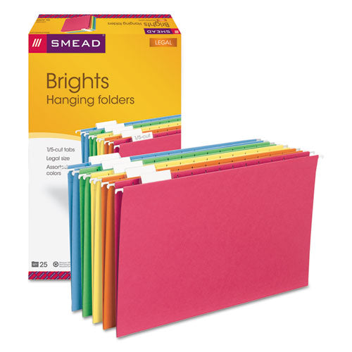 Colored Hanging File Folders with 1/5 Cut Tabs, Legal Size, 1/5-Cut Tabs, Assorted Colors, 25/Box-(SMD64159)