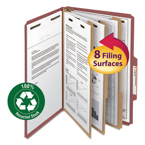 Recycled Pressboard Classification Folders, 3" Expansion, 3 Dividers, 8 Fasteners, Legal Size, Red Exterior, 10/Box-(SMD19099)