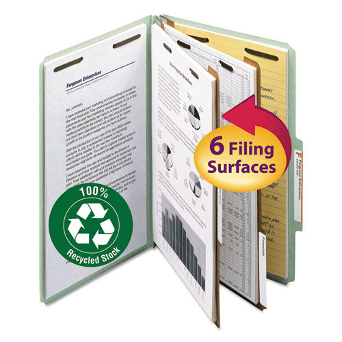 Recycled Pressboard Classification Folders, 2" Expansion, 2 Dividers, 6 Fasteners, Legal Size, Gray-Green, 10/Box-(SMD19022)